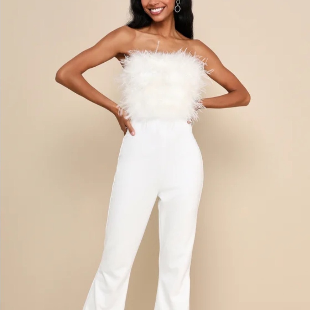 Lulus Fantastically Flawless White Feather Strapless Flared Jumpsuit